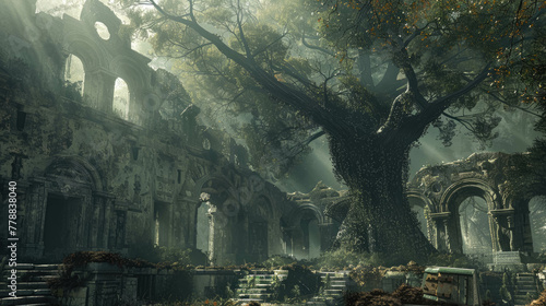 Giant World Tree In Old Ruins Medieval Fantasy Landscape Background photo