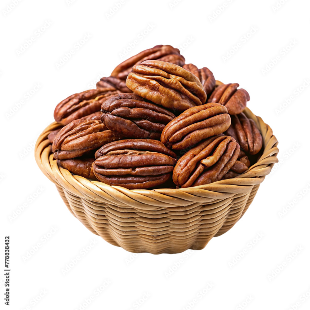 Ripe pecan seeds in a wicker basket isolated on transparent background. Ripe pecan seeds in a wicker basket isolated on transparent background.