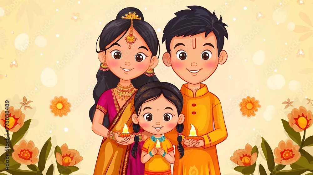 Obraz premium indian family in temple celebrating gudi padwa, ugadi