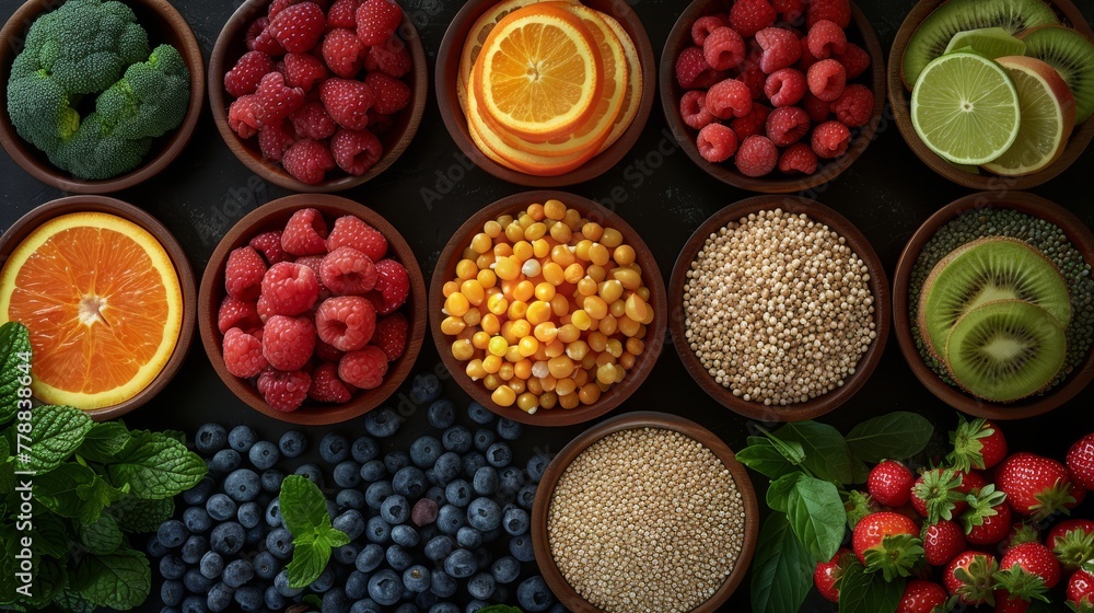 A variety of fruits and vegetables are arranged in small bowls on a black surface, including strawberries, oranges, raspberries, kiwis, and kiwi A variety of fruits and vegetables are arranged in small bowls on a black surface, including strawberries, oranges, raspberries, kiwis, and kiwi