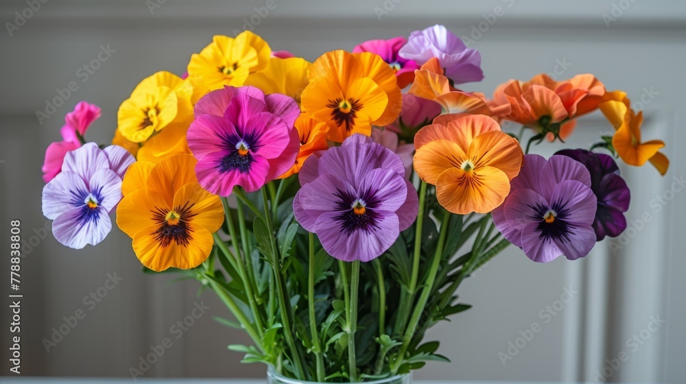 Obraz premium A white table holds a vase brimming with colorful blossoms against a white door backdrop