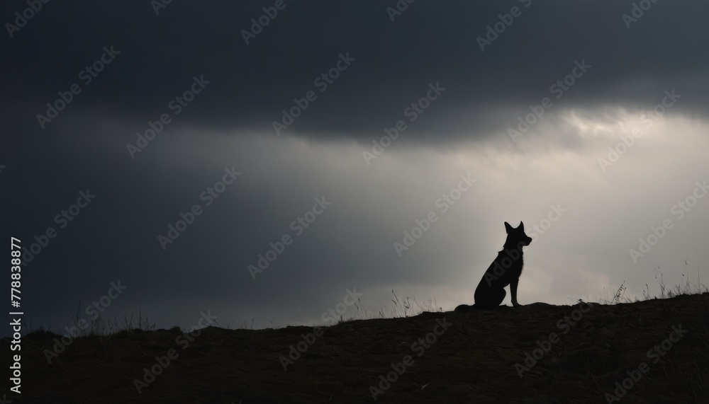 A lone dog sits in silhouette against a brooding sky, a poignant scene of contemplation and solitude on a stark landscape.
