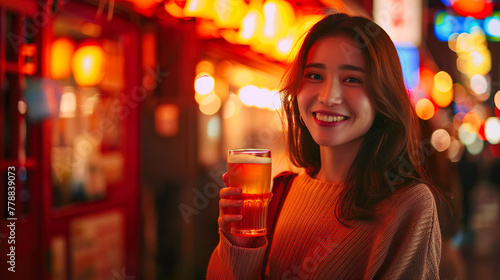 居酒屋で笑顔のアジア人女性01