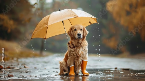 Portrait of a dog wearing rainy boot and umbrella standing in a rainy day with a big space for text or product, Generative AI. photo