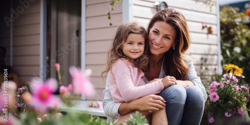 Mom and daughter spend time in the garden at their home. Generative AI.