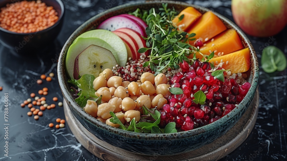 A close-up image of a bowl brimming with various fruits, veggies, and apples on the side A close-up image of a bowl brimming with various fruits, veggies, and apples on the side
