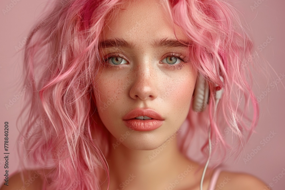 Photo of fashion woman with pink hair in white headphones