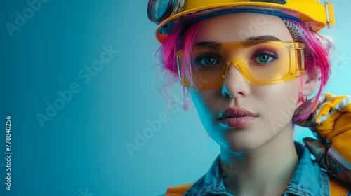 Close-up portrait of a beautiful woman with a work helmet, protective yellow glasses, and construction gloves. Pink hair and make-up. Studio minimalist photography. Labor Day. Baby blue background.