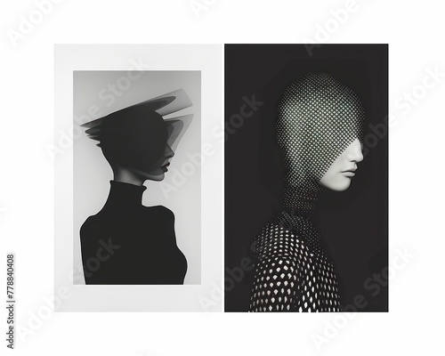 Black and white closeup portraits of a woman's head with mesh and a woman's face, abstract artistic concept