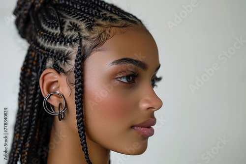 Stunning African American woman with box braids in profile isolated on white background