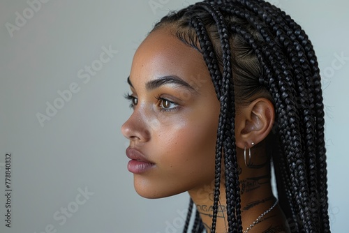 Stunning African American woman with box braids in profile isolated on white background