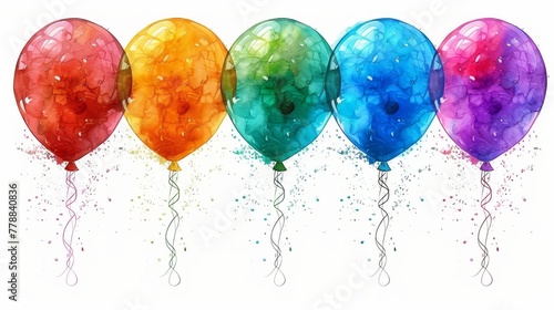  A rainbow of balloons bobbing in the sky, dabbed with paint at the base