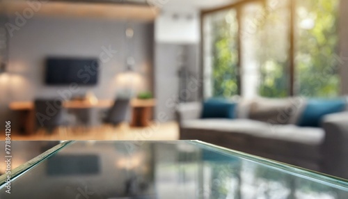 Glass table with blurred modern living room background 