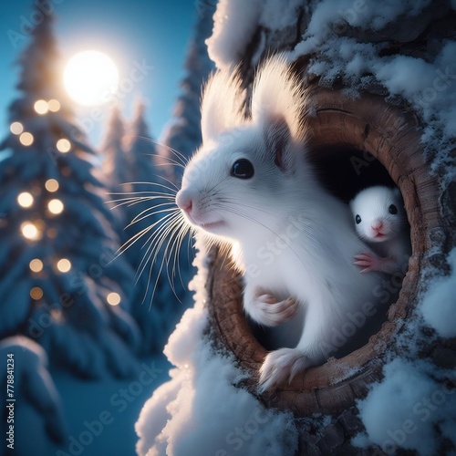 écureuil blanc avec son petit caché dans un trou dans le tronc d'un arbre, ambiance neige , claire de lune , flou à l'arrière , qualité HD, vue de proche  photo