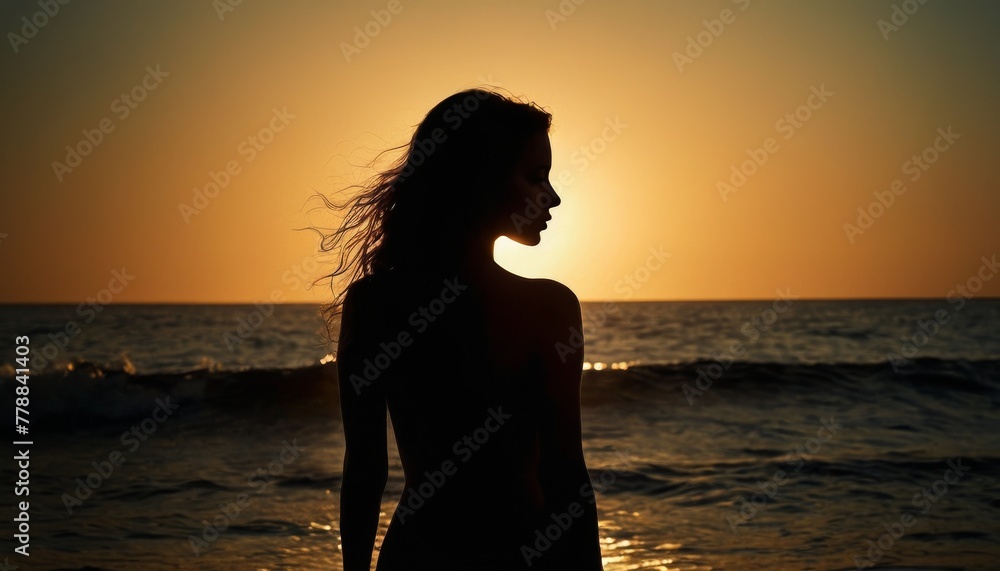 Silhouette of a solitary woman against the sunset, her hair blowing in the breeze, contemplating the serene ocean horizon.