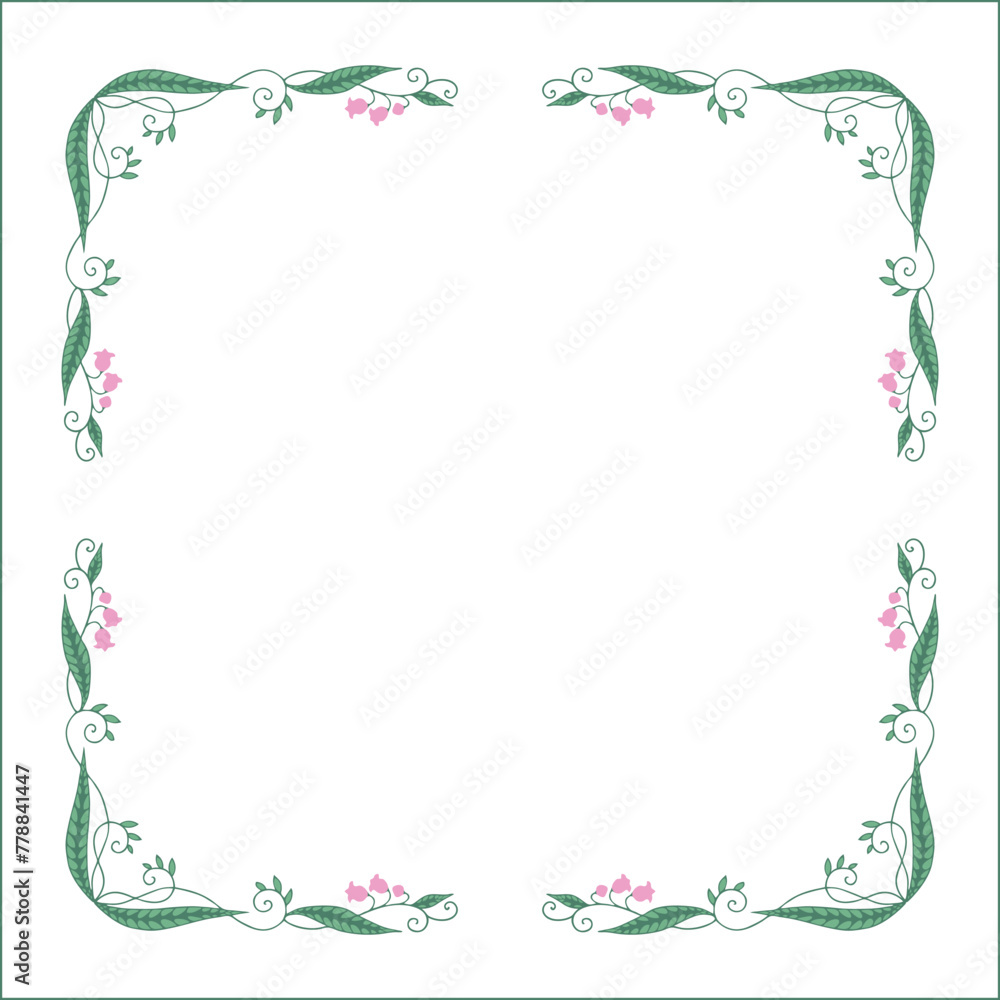 Green floral frame with pink flowers, lily of the valley decorative corners for greeting cards, banners, business cards, invitations, menus. Isolated vector illustration.	