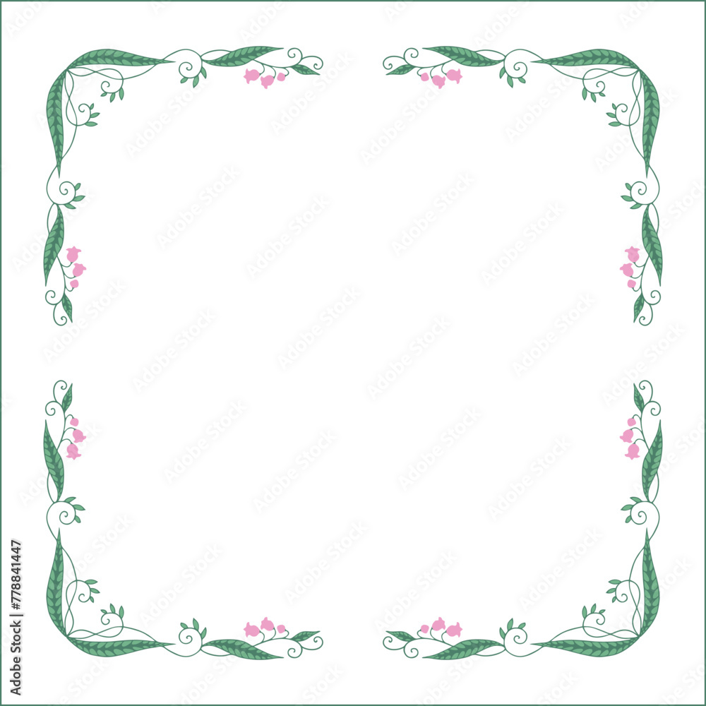 Green floral frame with pink flowers, lily of the valley decorative corners for greeting cards, banners, business cards, invitations, menus. Isolated vector illustration. Green floral frame with pink flowers, lily of the valley decorative corners for greeting cards, banners, business cards, invitations, menus. Isolated vector illustration.
