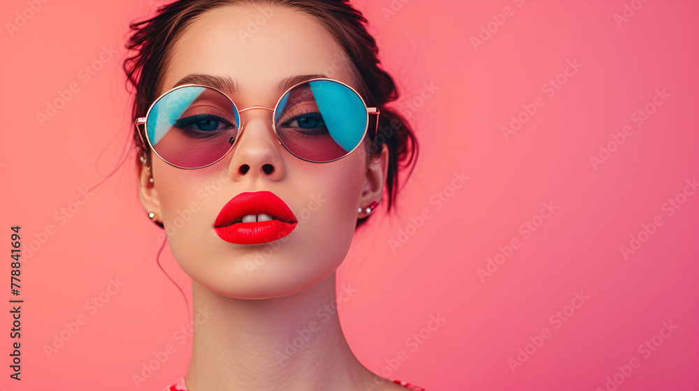 Beauty young woman model, with bright red lips and sunglasses on pink background. Fashion photo shooting for advertising decorative cosmetics. Copy space for text, banner. Generative AI