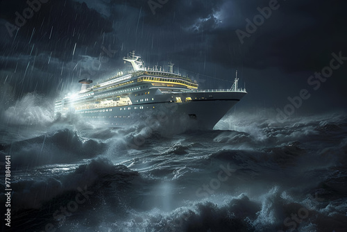 Large ship, liner in bad weather. Sea storm, thunderstorms and rain. Sea is stormy. Generative AI