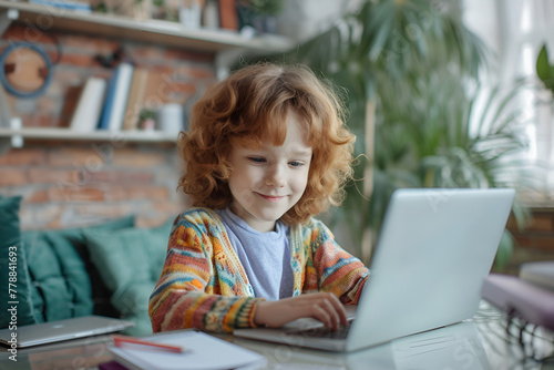 Distance learning, online education. Concentrated preschooler or schoolgirl studying at home with laptop and doing homework for development school. Generative AI