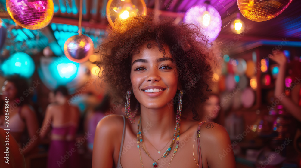A young woman happy in a summer disco club.