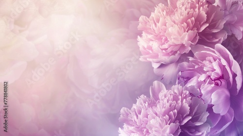 Beautiful pink peony flowers on a soft purple background with space for text, floral concept © VICHIZH