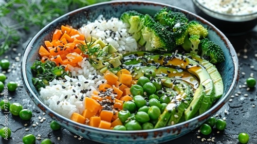   A bowl of mixed vegetables  and rice on the side