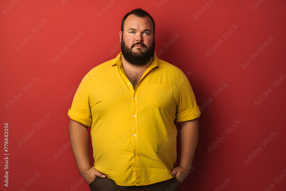 Overweight man in yellow shirt against plain red background. Overweight man in yellow shirt against plain red background.