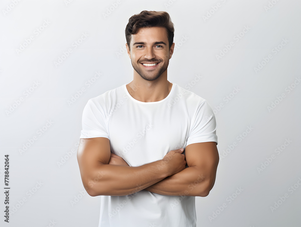 Running Man with Beautiful Smile, Arms Crossed, Professional Photography on Flat White Background. Running Man with Beautiful Smile, Arms Crossed, Professional Photography on Flat White Background.