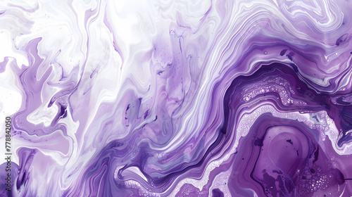 Abstract purple and white marble background with fluid acrylic paint swirls