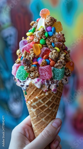 A delicious ice cream cone with lots of colorful gummy candy and chocolate covered