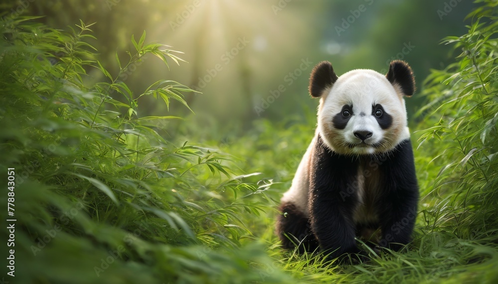 A giant panda sitting peacefully among lush bamboo, with morning sunlight piercing through the foliage