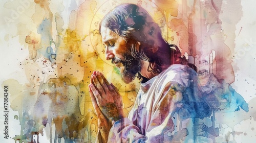 Jesus Christ Praying in Watercolor 