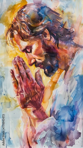 Jesus Christ Praying in Watercolor 