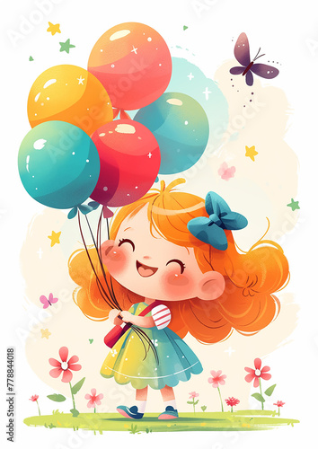 Children's Day A girl is holding a bunch of balloons and smiling. The balloons are in different colors, and the girl is wearing a dress with flowers.