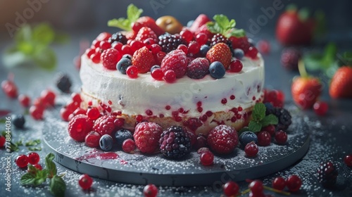  A cake topped with berries on a silver platter on a table