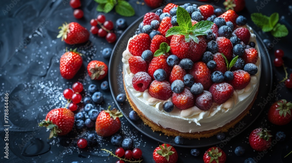 A close-up photo of a scrumptious cake with strawberries and blueberries surrounding it on the plate A close-up photo of a scrumptious cake with strawberries and blueberries surrounding it on the plate