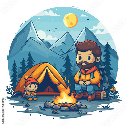 Minimalist Design Of a Father And son camping Cartoon Vector 