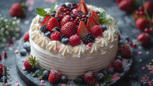  Cake topped with mixed berries - raspberries, blueberries, and more raspberries