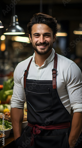 Cheerful chef in chic kitchen, exuding expertise with delightful smile.