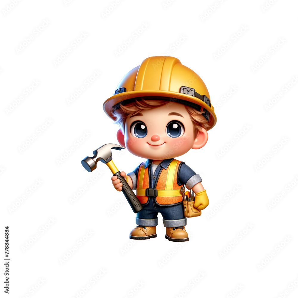 A cute male baby Construction Worker in safety gear, holding a hammer, smiling and standing confidently, isolated on a White background A cute male baby Construction Worker in safety gear, holding a hammer, smiling and standing confidently, isolated on a White background