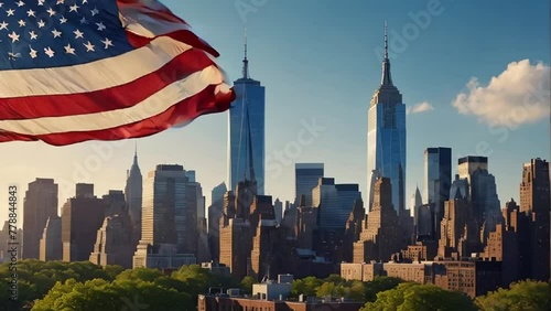 American flag on New York background