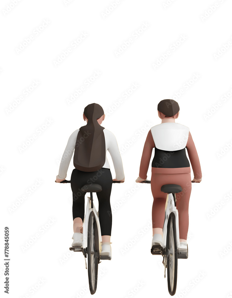 Two women riding bicycles in casual clothing, isolated on white background, png. Two women riding bicycles in casual clothing, isolated on white background, png.