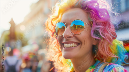 Happy mature woman celebrating pride festival. Smiling senior woman dyed rainbow hair round sunglasses. Candid inclusive LGBTQ+ event portrait. Copy space © Sophie Congdon