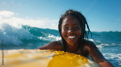 Happy african american girl surfing in the ocean. Smiling black female surfer on a yellow surfboard in the sea. Candid female swimming on vacation. Blue sky, water, summer beach holiday. Copy space