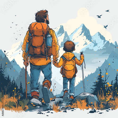 Father and son go mountain climbing Cartoon Vector