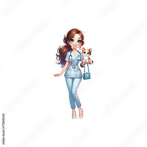  A cute Veterinary Nurse, holding a small cat, smiling and standing confidently. isolated on a White background