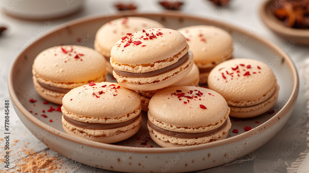 Delicate French macarons with raspberry pieces on a ceramic plate, with a soft-focus background. Ideal for culinary themes and dessert backgrounds.