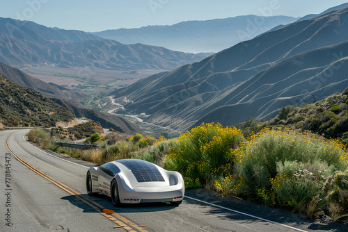 Futuristic electric car, scenic mountain highway. Future transport, innovation © yevhen89