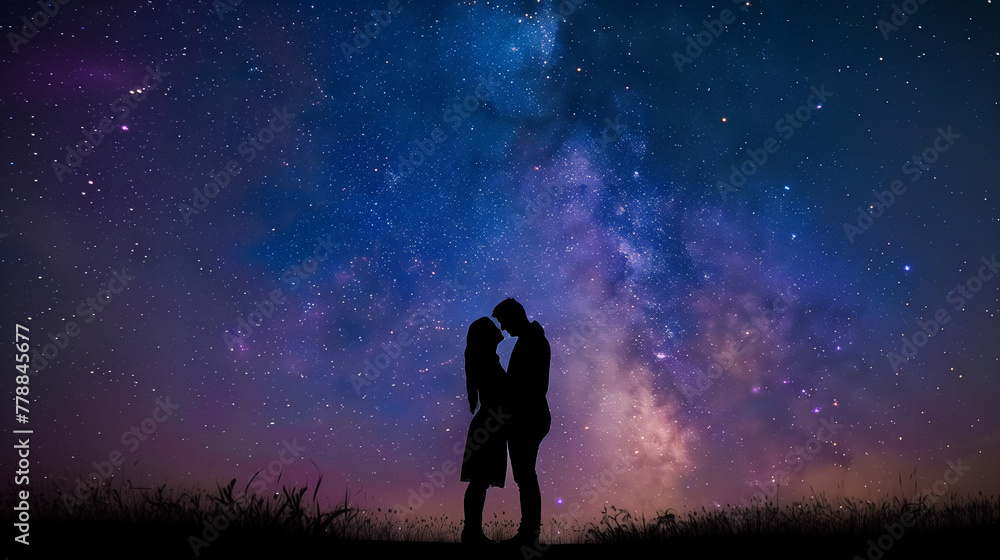 Romantic starry sky and couple human silhouettes
